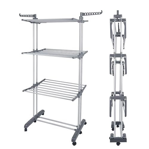 XUANYU Séchoir à Linge sur Pied à 3 Niveaux, Etendoir a Linge sur Pied avec Ailes et Pieds Pliable, Acier Inoxydable et Plastique, Séchoir à Vêtements Intérieur/Extérieur (Gris G, 75×49×170 cm)