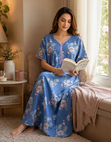 Image of Nighty| Nighty for Women Stylish| Night Gown for Women Stylish| Flowy A-Line Silhouette| Delicate Picot & Thread Work| Lightweight & Breathable Lizzy Bizzy Fabric| Digital Print|