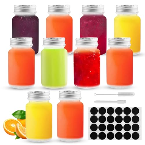 YPLonon Botellas de vidrio vacías 80 ml 10 unidades Mini botellas para beber con tapa Pequeña botella de vidrio transparente reutilizable Pequeña botella para zumo, portátil boca ancha