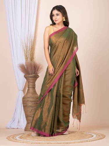 Image of Women's Tissue Cotton Saree | Plain Lightweight Tassel Pallu Saree with Blouse