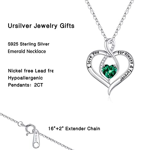 Ursilver Love Heart Emerald Birthstone Necklace - S925 Sterling Silver Birthstone Necklace May Birthstone Necklace Mothers Day Gifts Christmas Gifts Jewelry Gifts For Women Mom Wife Grandma #TOP3