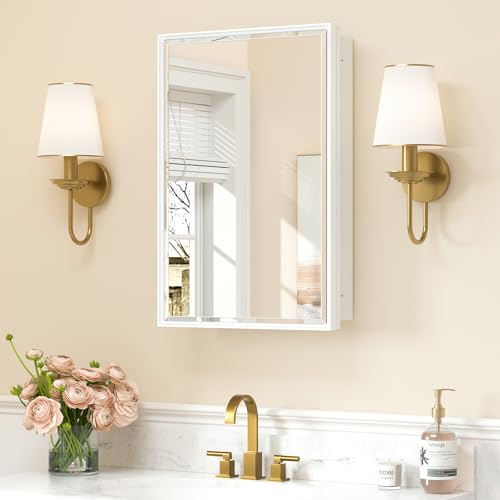 Image of Keonjinn 16 inch x 24 inch Bathroom Medicine Cabinet with Mirror, White, Assembled
