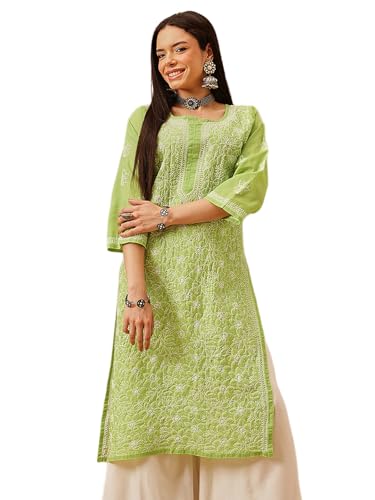 Image of Ada Women's Cotton Straight Fit Straight Hand Embroidered Lucknowi Chikankari Kurta Kurti A411165