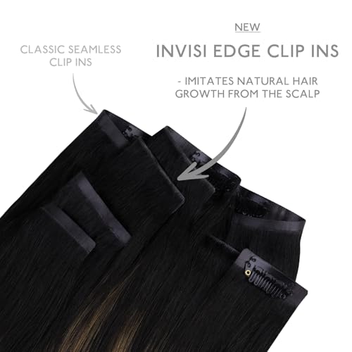 Image of WENNALIFE Invisi Edge & Classic Seamless Clip in Hair Extensions Real Human Hair, 22 Inch 150g 7pcs Balayage Natural Black to Chestnut Brown Hair Extensions for Women Invisible Straight Injection Exte