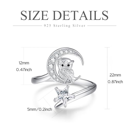 Anillo de búho ajustable de plata 925 con diseño abierto de estrella y luna 5