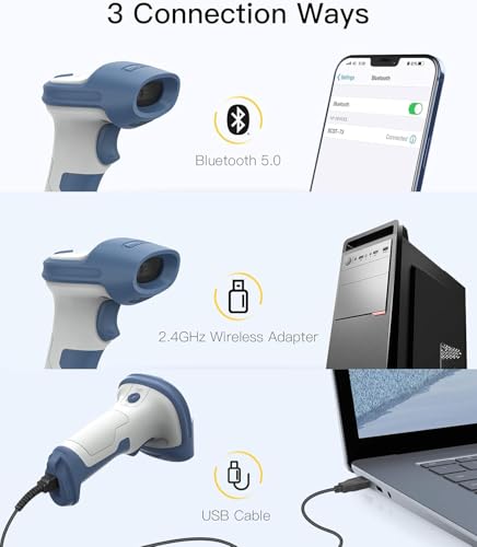 Inateck Wireless Barcode Scanner 2D, Bluetooth 5.0, 2.4Ghz Barcode Reader, QR Code Scanner, liest von Bildschirmen, BCST-73
