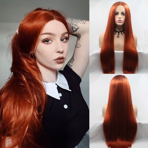 Angle Lucky Copped Red Wig for Women Synthetic Lace Frontal Wig Long Silky Straight #350 Color Wig Heat Resistant Fiber Premium Soft Wig Daily Use 24’’