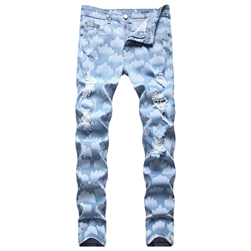 Maiyifu-GJ Men's Stretch Printed Ripped Jeans Distressed Skinny Washed Denim Pants Tie Dye Slim Fit Hip Hop Jean Trousers (Blue 2,33)