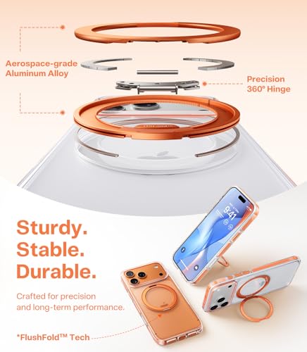 Image of TORRAS 360 Magnetic Stand for iPhone 17 Pro Max Case, [Fit for MagSafe] [4X Military-Grade Protection] Slim Case for iPhone 17 Pro Max 6.9 inch 2025, Clear-Orange, Ostand O3 Fitness Series