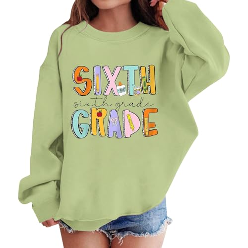 Girl's First of Day School Graphic Letter Print Sweatshirt Crewneck Long Sleeve Cute Drop Shoulder Pullover Tops