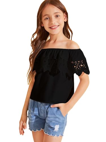 Image of WDIRARA Girl's Folklorico Shirt Off Shoulder Ruffle Trim Lace Blouse Tops | Short Sleeve, Mexican Blouse, Dressy Peasant Tee, Casual
