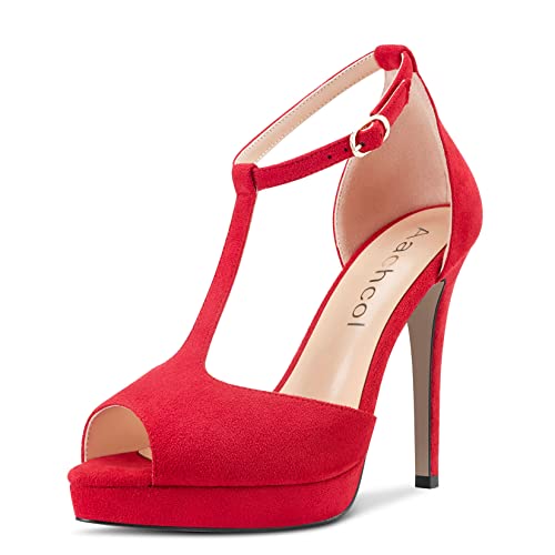 Aachcol Women Sandals T-strap Platform Peep Open Toe Ankle Strap Stiletto High Heel Dress Shoes Pumps Wedding Suede 5 Inch