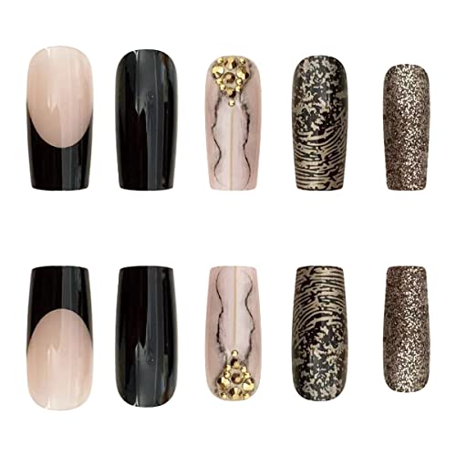 24 Pcs Black Press On Nails Medium Square Fake Nails Marbling Glue On Nails French Tip False Nails With Gold Foil Designs Artificial Acrylic Nails Stick On Nails For Women Girls #TOP4