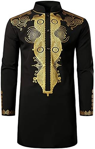 LucMatton Men’s African Traditional Dashiki Luxury Metallic Gold Printed Mid Long Wedding Shirt
