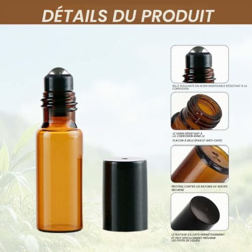 KIRZAX Flacon Roll On Vide 5ml 4pcs Roll On Huile Essentielle Vide,Avec Bille en Acier Inoxydable,Bouteil Brun Verre Flacon Roller Rechargeable,Roll on Huiles Essentielles, Aromathérapie – vue 3