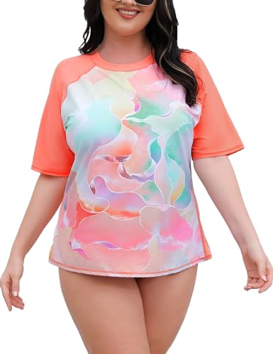 Halcurt Traje de baño de Talla Grande para Mujer, Brasier Integrado, Manga Corta, Camiseta de natación UPF50, de Secado rápido, Sujetador Floral Rosa Rosa/Integrado, 4XL