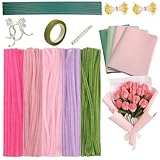 Pfeifenreiniger Blumen Set Lilien, 500 Stück 5 Pfeifenputzer Blumen Set, Pfeifenputzer Zum Basteln Blumen, 30cm Lang mit Grüne Bastelfaden, Staubgefäße, Floristenkrepp