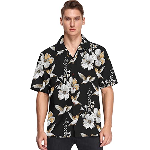 visesunny Hawaiian Shirt for Men Exotic Tropical Hibiscus Flower and Hummingbird Gold Silver Pattern Short Sleeve Beach Summer Casual Button Down Aloha Shirt Quick Dry