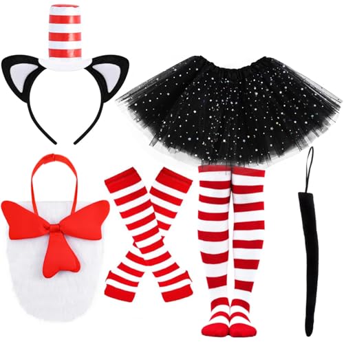 Kuscul Cute Cat Costume Accessories Headband in Red and White Striped Cat Hats Gloves Socks Tail Tutu Skirt for Read Book Day Halloween Party Dress up