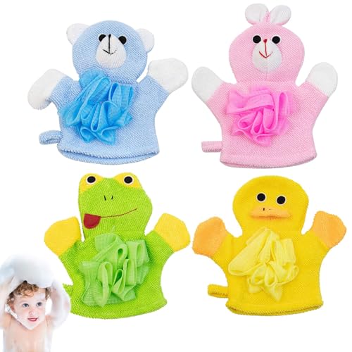 Fokroin 4Piezas Manoplas Baño,Guante de baño con diseño de oso, Guante de Baño de Algodón Orgánico, Manopla de baño con diseño de animales,para bebés y niños pequeños a partir de 0 meses