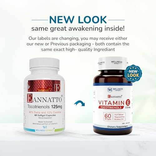 WELLNESS EXTRACT Eannatto Tocotrienols Vitamin E Supplements Tocopherol Free, Non-GMO, Gluten Free & Antioxidant (125MG 60 Softgels)