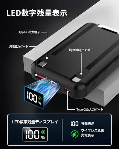 モバイルバッテリー Magsafe対応 10000mAh大容量 PD22.5W急速充電 6台同時充電可能 ワイヤレスモバイルバッテリー マグネット式ワイヤレス充電対応 Type-C入出力ポート搭載 4つケーブル内蔵 LED残量表示 パワーバンク マグセーフ充電器 コンパクト 軽量 小型 スマホに対応 機内持込可 PSE認証済み iPhoneシリーズ対応 機内持込可