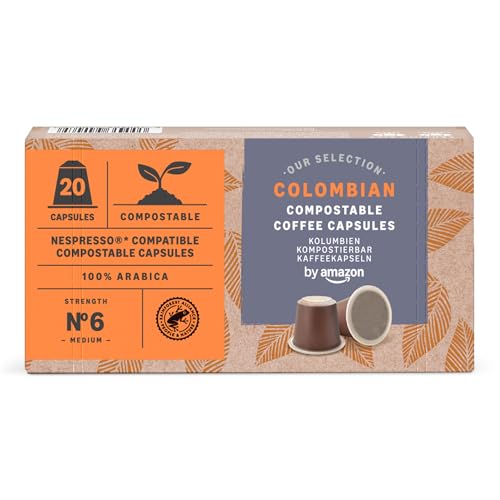 By Amazon Capsules de Café Compostables à Domicile Compatibles avec Nespresso, 100% Arabica Colombien, 20 Capsules – Certifiées Rainforest Alliance