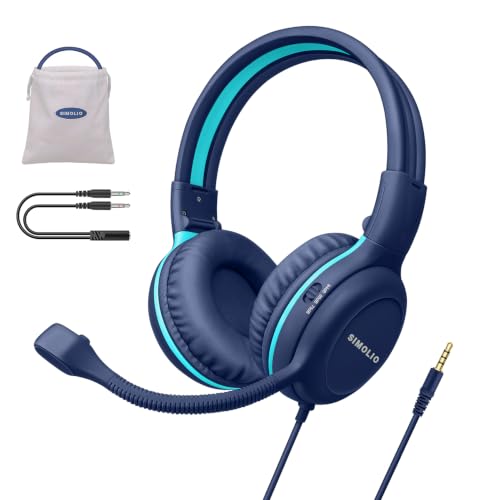 SIMOLIO Wired Headphones for School with Microphone Stereo Kids Headphone with Flexible Swivel Boom Mic for Student K12 & Teacher & E-Learning 3 Levels Volume Limiter Gaming Headsets for Boys Girls
