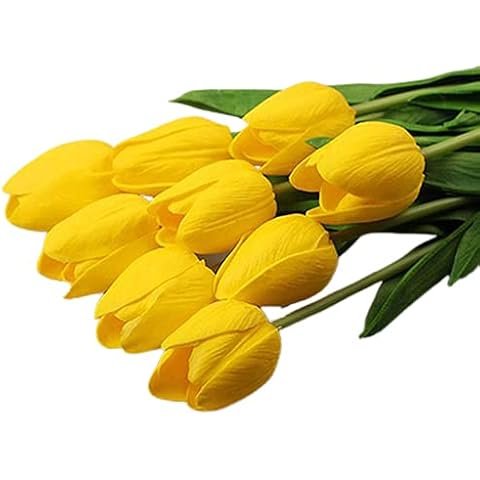 Somerway Artificial Tulips Silk Flower Bouquet Home Party Decor Fake Real Touch Faux Tulips Plants Bouquet Yellow Cover