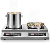 Zomagas Commercial Double Induction Cooktop 7000W, Dual Burner Countertop Stove with 10 Temperature & Power Levels, 4-Hour Timer,100% Copper Coil, Fit All Cookware for Home Kitchen Restaurant Catering