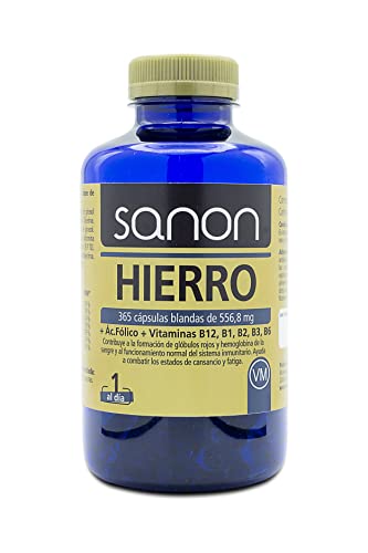 SANON Hierro Suplemento - 365 Cápsulas de 556,8 mg - Ácido Fólico y Vitamina B12, B1, B2, B3 y B6 - Ayuda a Combatir el Cansancio y la Fatiga - Contribuye Formación de Glóbulos Rojos y Hemoglobina Cover