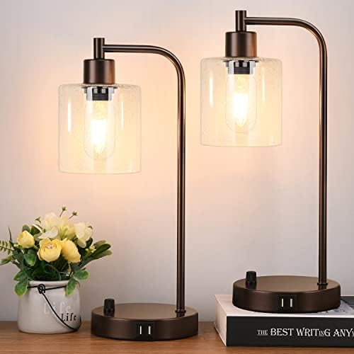 Set of 2 Oil Rubbed Bronze Table Lamps with 2 USB Port, Fully Stepless Dimmable Lamps for bedrooms, Industrial Bedside Nightstand Desk Lamps with Seeded Glass Shade for Living Room 2 LED Bulb Included