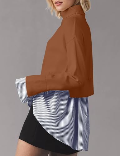Image of Turtleneck Asymmetrical Sweaters for Women Patchwork 2 in 1 Pullover Knit Sweater Slit Button Down Shirt 2026 Fall