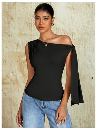 Milumia Women's Ruched One Off The Shoulder Tank Tops Asymmetrical Neck Tie Shoulder Going Out Top3