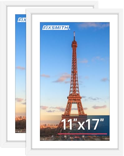FIXSMITH 11x17 Picture Frame White Set of 2 Photo Frame with HD Plexiglass Display Pictures 9x15 with Mat or 11x17 Without Mat White Picture Frames Collage Wall Decor Gallary Wall Frame
