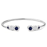 Three Stone Blue Sapphire & Diamond Cuff Bangle Bracelet for Women, 14K White Gold Finish September Birthstone Sapphire Adjustable Bangle