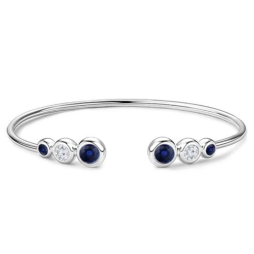 Three Stone Blue Sapphire & Diamond Cuff Bangle Bracelet for Women, 14K White Gold Finish September Birthstone Sapphire Adjustable Bangle