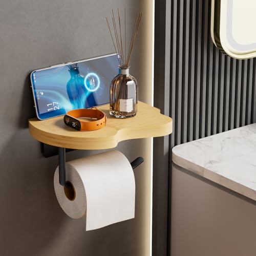 Wall Mounted Toilet Paper Holder with Shelf, Bamboo Wood and Matte Black Metal, 7.08x5.11 Inch Storage Rack for Bathroom by Generic - Image 2