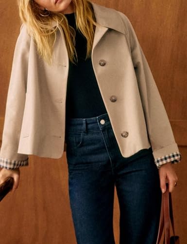 Yeokou Women Oversize Trench Coat Plaid Lining Lapel Button Down Casual Crop Jacket Outwear with Pockets2