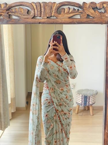 Image of StyleScope Women's Georgette Printed Lace Bordered Ready To Wear One Minute Saree With Print Unstitched Blouse Piece (RTW Mix Free Size)