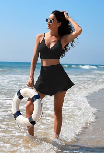 Pink Queen Women's High Waisted Bikini Set Two Piece Swimsuit V Neck Spaghetti Straps Swim Skirt Bathing Suit3