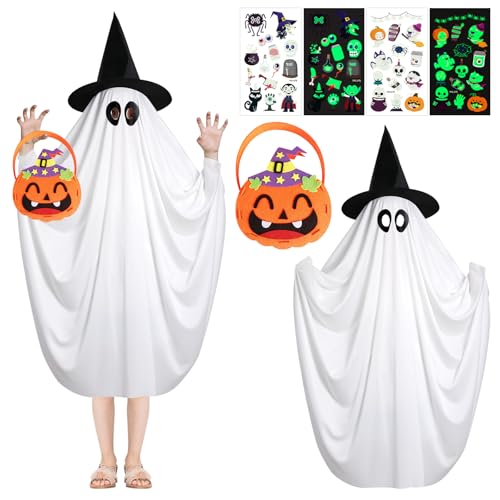 ARONRAVE Halloween KinderGeiste 4 Stück Halloween Kostüm Geist Kinder Geist Kostüm Kinde-r Gespenst Kostüm mit Kappe Gespenst Hallowee-n Geis-ter Kostü-m für Jungen Mädchen Karneval Party(Weiß)