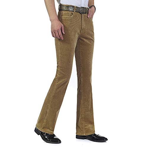Haorun Men Corduroy Bell Bottom Flares Pants Slim Fit 60S 70S Vintage Bootcut Trousers Khaki #TOP4