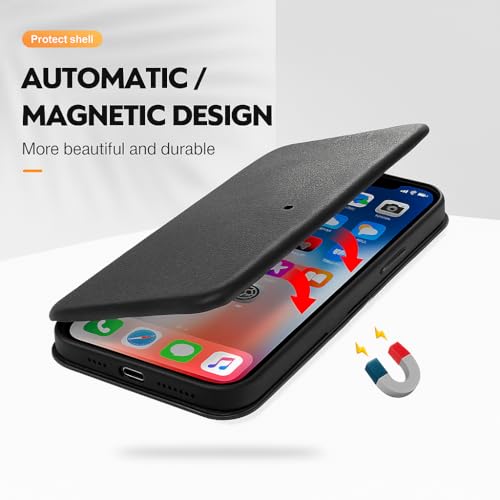 Image of Vegan Leather Flip Wallet Case for iPhone 17 Pro - Premium PU Cover with Card Slot, Magnetic Closure, Kickstand Stand, Durable Slim Design, Privacy Protection, Black