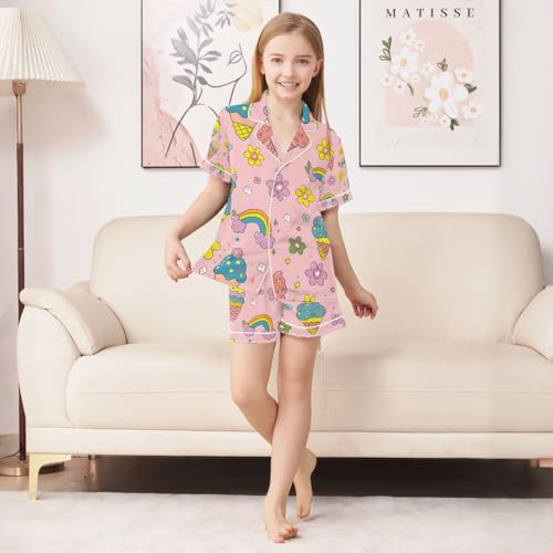 senya Rainbow Ice Cream Satin Summer Pajama Sets Silk Short Sleeve Button Down Sleepwear4