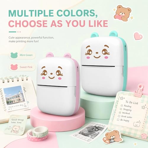 Image of NPIBS Mini Thermal Printer, Cute Bear Portable Bluetooth Sticker Printer with 1 Roll Paper, Pocket Label Maker for DIY Journal, Photos, Study Notes, Kids Gift - Blue & Pink Available
