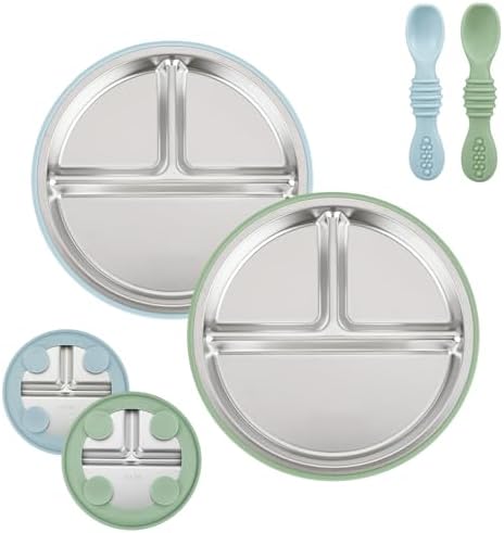 PandaEar Edelstahl Baby Saugteller Set, 2 geteilte Teller mit Saugnapf & 2 Löffel, Baby Geschirr für Beikost & selbstständiges Essen, BPA-frei (Blau Grün)