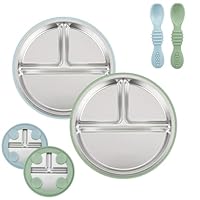 PandaEar Edelstahl Baby Saugteller Set, 2 geteilte Teller mit Saugnapf & 2 Löffel, Baby Geschirr für Beikost & selbstständiges Essen, BPA-frei (Blau Grün)
