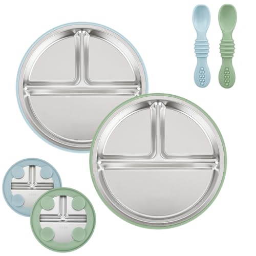 PandaEar 2 Pack Stainless Steel Baby Suction Plates & 2 Pack Spoons, Toddler Utensils Baby Feeding Set, Divided Plates for Baby Led Weaning Supplies, BPA-Free (Blue/Green)