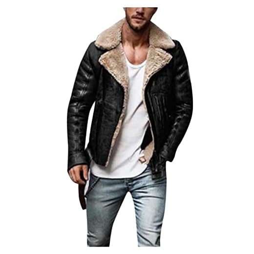 Briskorry Vinterjacka herr teddy-fleece fodrat konstläder läderjacka hög kvalitet mocka jacka fleecefoder förtjockad övergångsjacka tjock varm bomberjacka, svart, XL